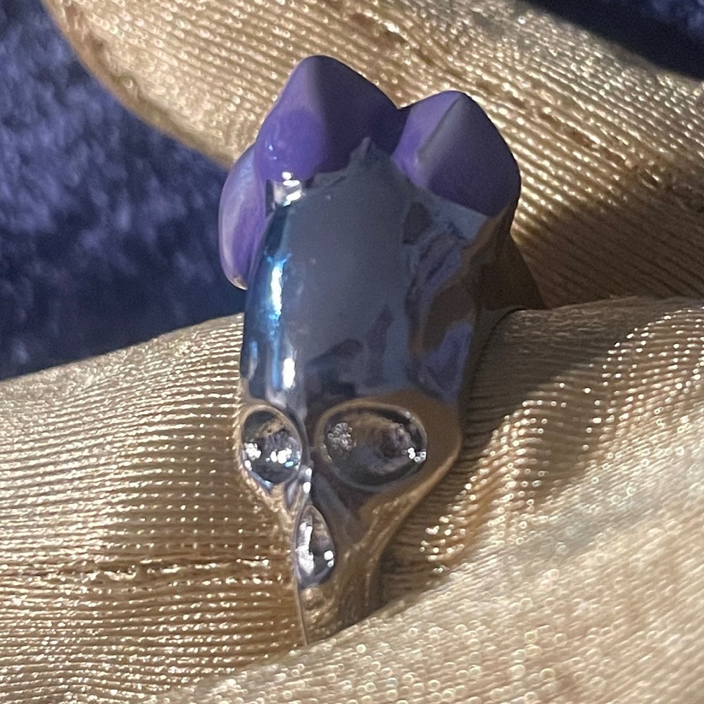 Silver gothic scream skeleton pop punk ring purple bow size 8 new cute 🥰